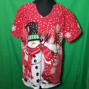 UA Scrubs Red Holiday Christmas Snowman Women's Scrub Top Large Nurse Hospital